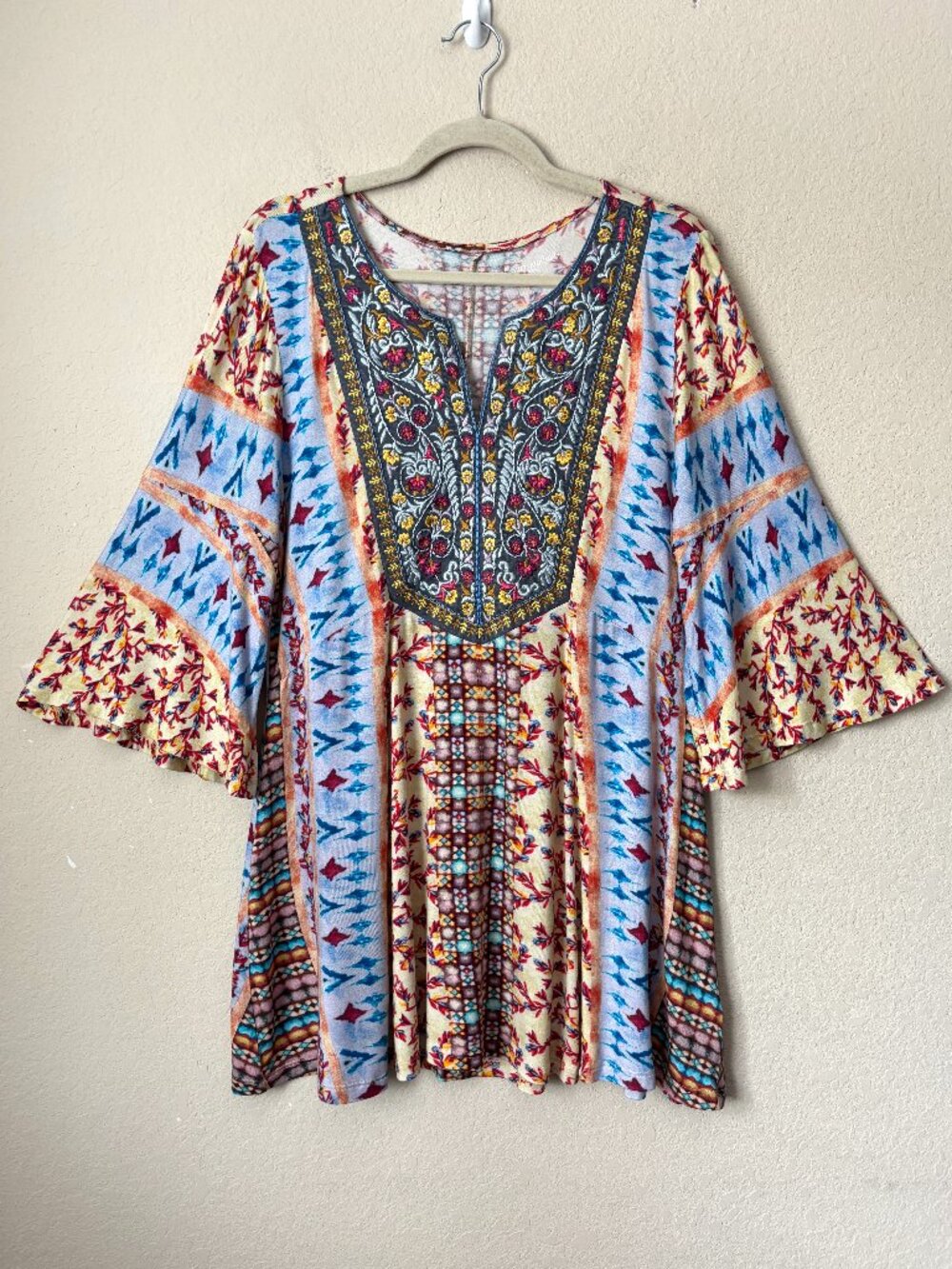 Soft Surroundings Embroidered Bib Bell Sleeve Stretch Jersey Fifi Tunic Blouse